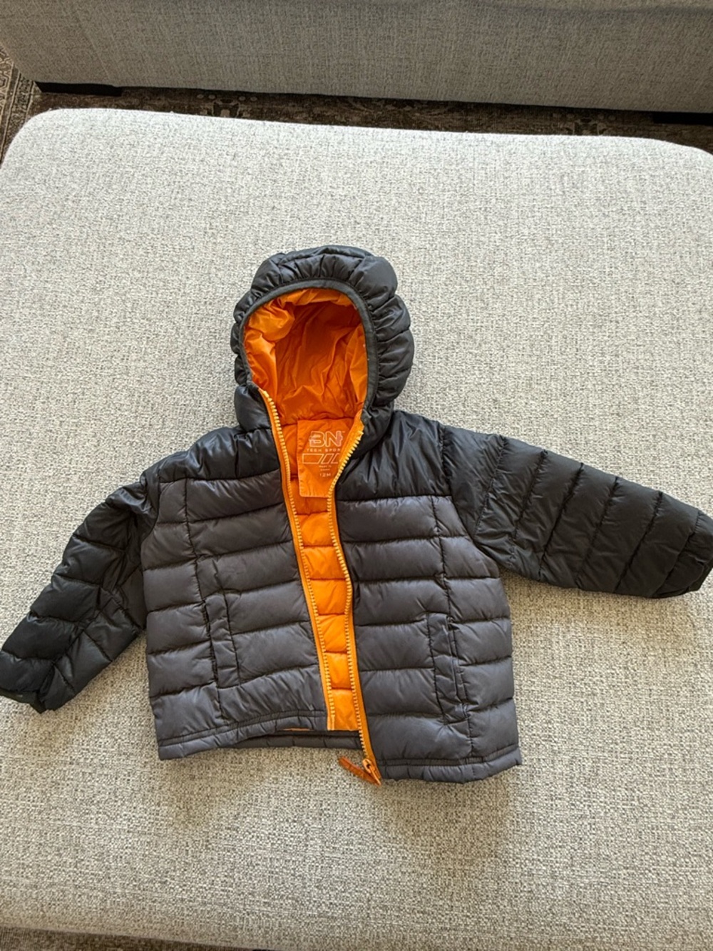 Hooded Puffer Jacket - Charcoal with Orange Lining